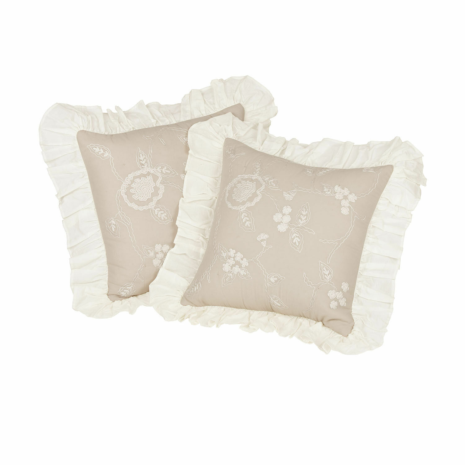 Kissenhülle 2er Set Clarissa Beige Dekokissen aus Baumwolle mit weisser Spitzenstickerei und Rüsche im Vintage-Stil
