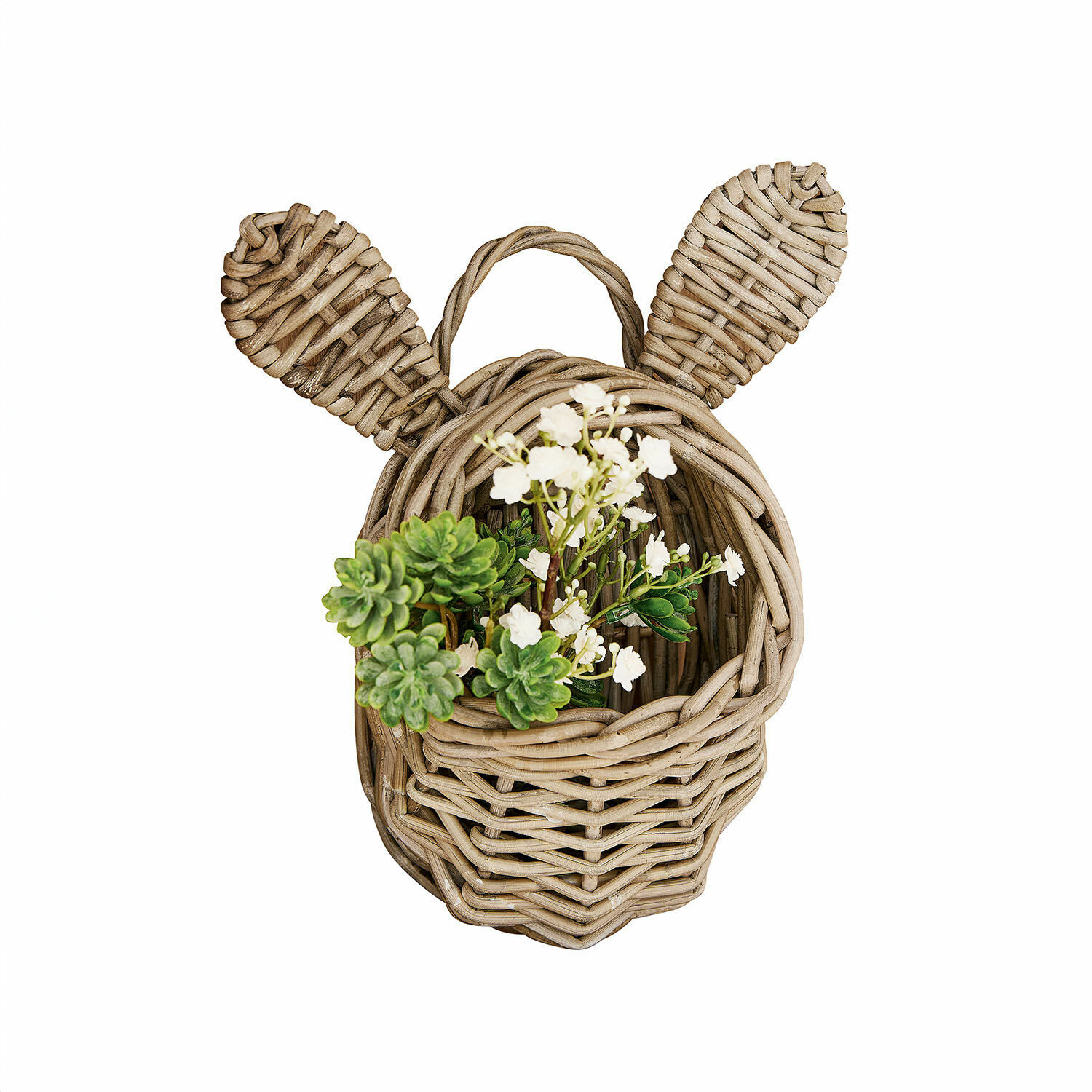 Korb Frances Wickelkorb in Tierkopfform mit Ohren, naturfarben, mit grünen und weissen Blumen dekoriert