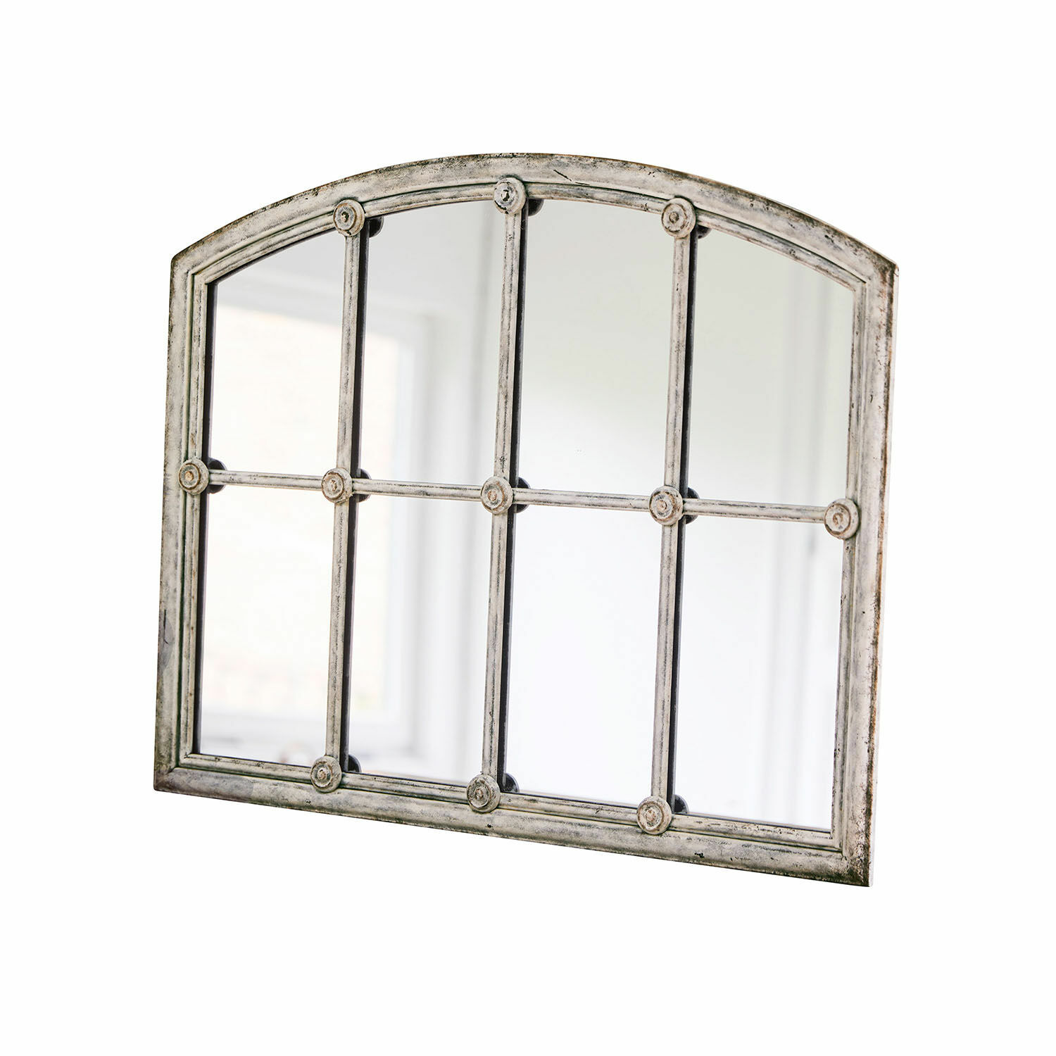 Spiegel Tobiah Wandspiegel mit grauem Vintage-Rahmen und dekorativen runden Elementen, achtgeteilt