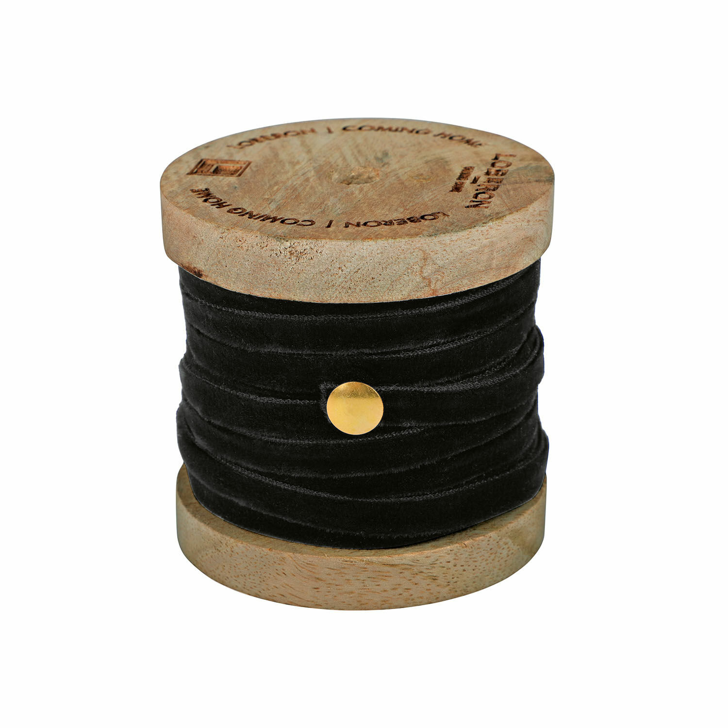 Schwarzes Samtband Olessa auf Holzspule, dekoratives Band zum Basteln und für Dekorationen