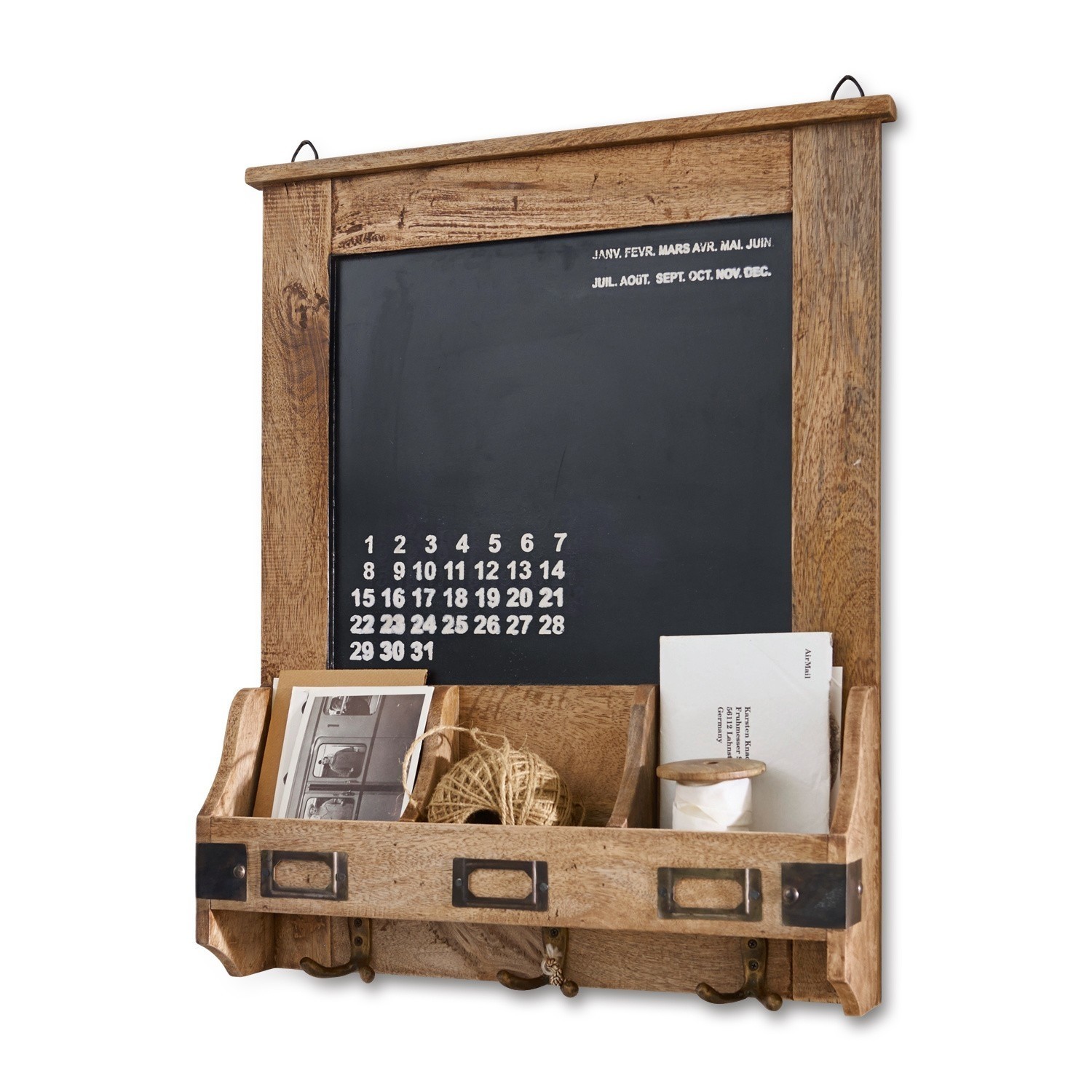 Organizer Taney Holztafel mit Kalender, Fächern für Post und Haken für Schlüssel zur Wandmontage