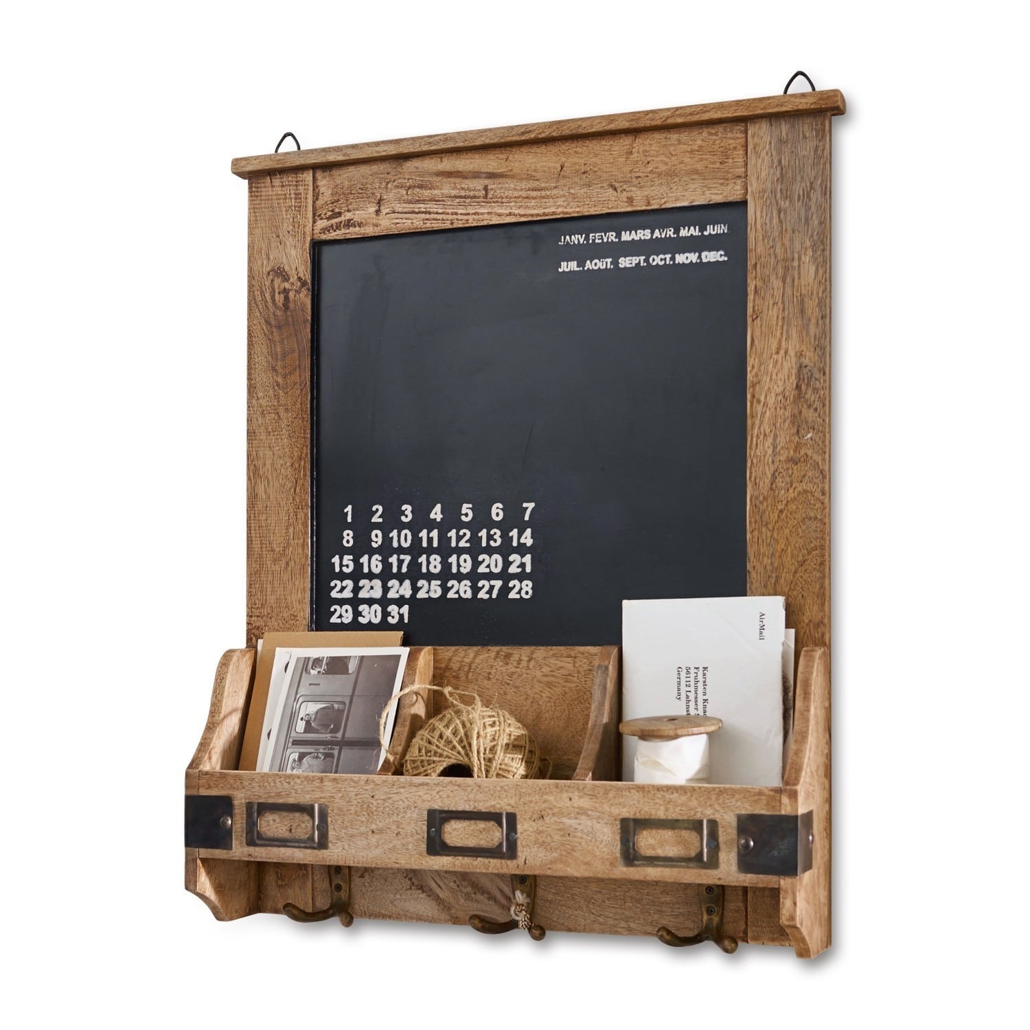 Organizer Taney Holztafel mit Kalender, Fächern für Post und Haken für Schlüssel zur Wandmontage