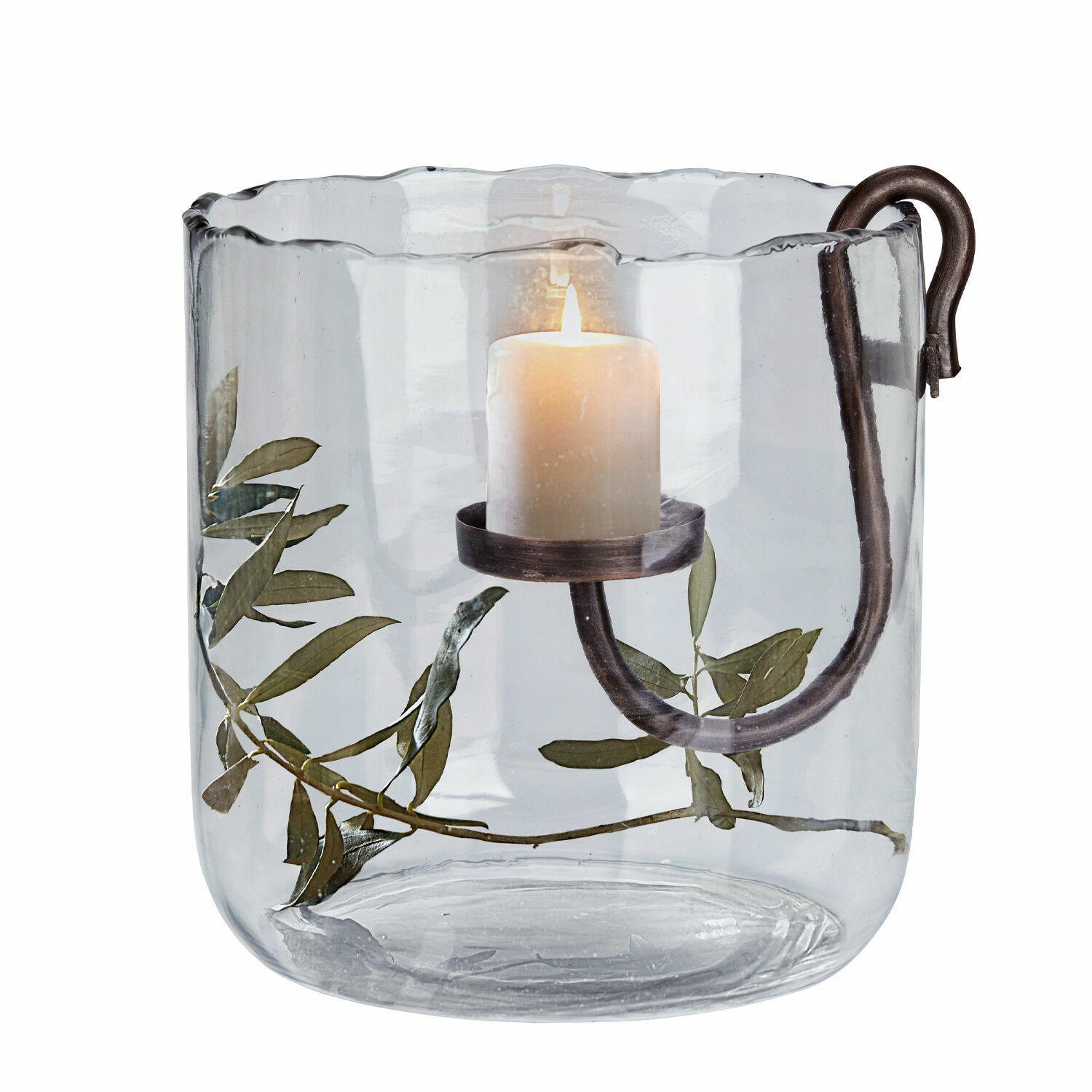 Windlicht Vermand Glas-Windlicht mit Metallhalterung und grünen Blättern, dekoratives Wohnaccessoire