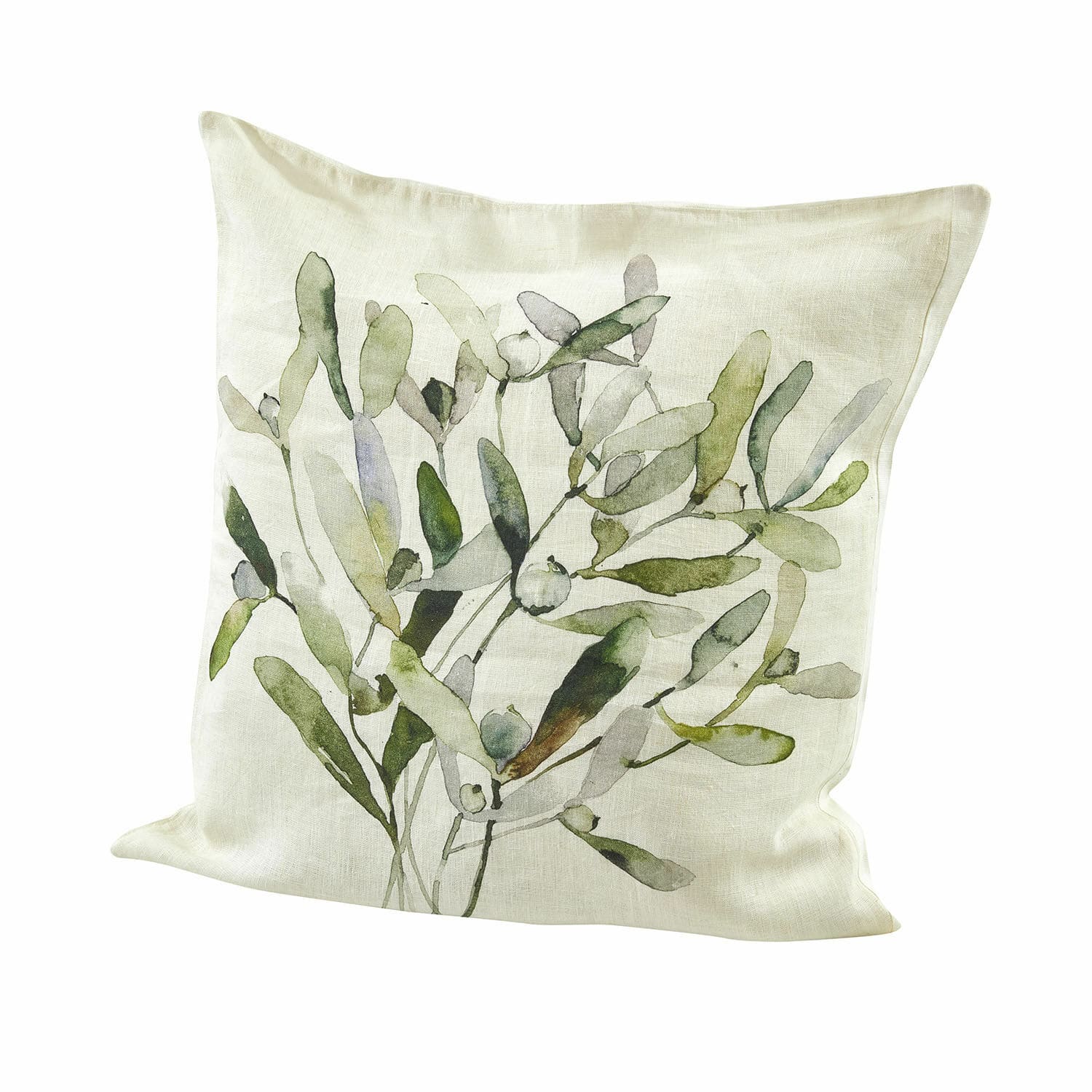 Kissenhülle Mistletoe Dekoratives Kissen aus Leinen in Creme mit grünem Pflanzenmotiv für das Wohnzimmer