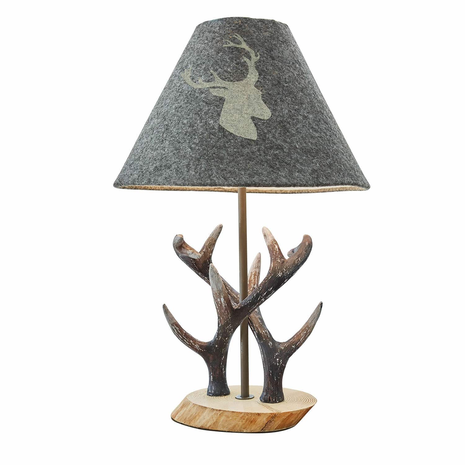 Tischlampe Lodge Tischlampe mit Holzsockel und Geweih-Dekor, grauer Filzschirm mit Hirschmotiv, dekorative Beleuchtung