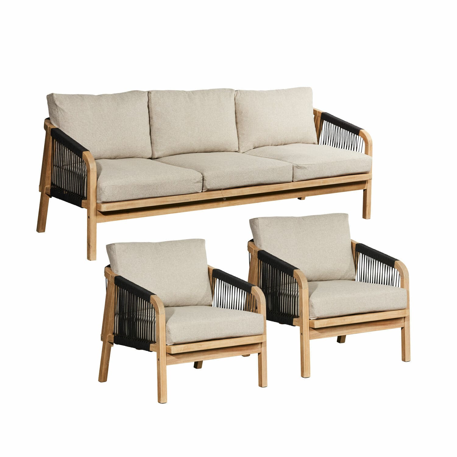 braun/beige Sitzgruppe Shreveport aus FSC-Holz mit beigen Polstern und braunem Gestell, modernes Design für das Wohnzimmer