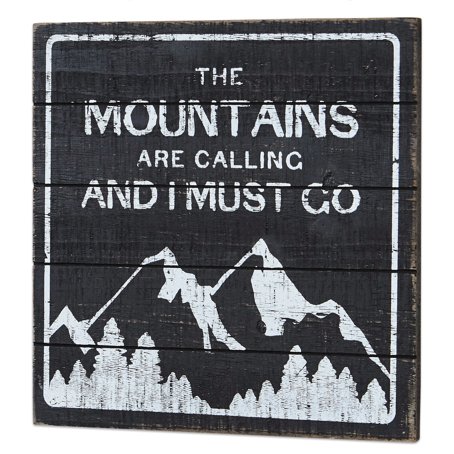 Dekoboard Mountain Schwarzes Holzschild mit weissem Schriftzug und Bergmotiv, rustikale Wanddekoration aus Holz