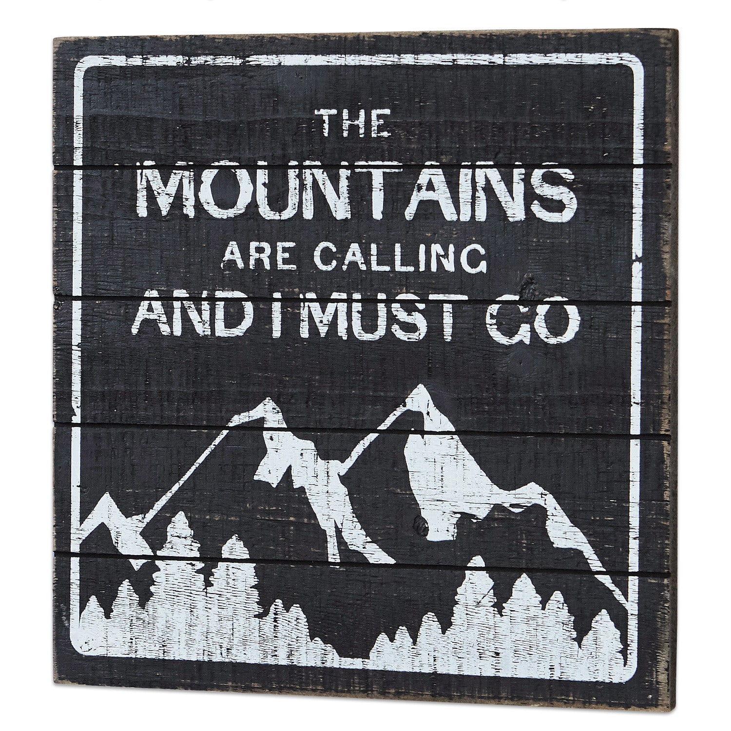 Dekoboard Mountain Schwarzes Holzschild mit weissem Schriftzug und Bergmotiv, rustikale Wanddekoration aus Holz