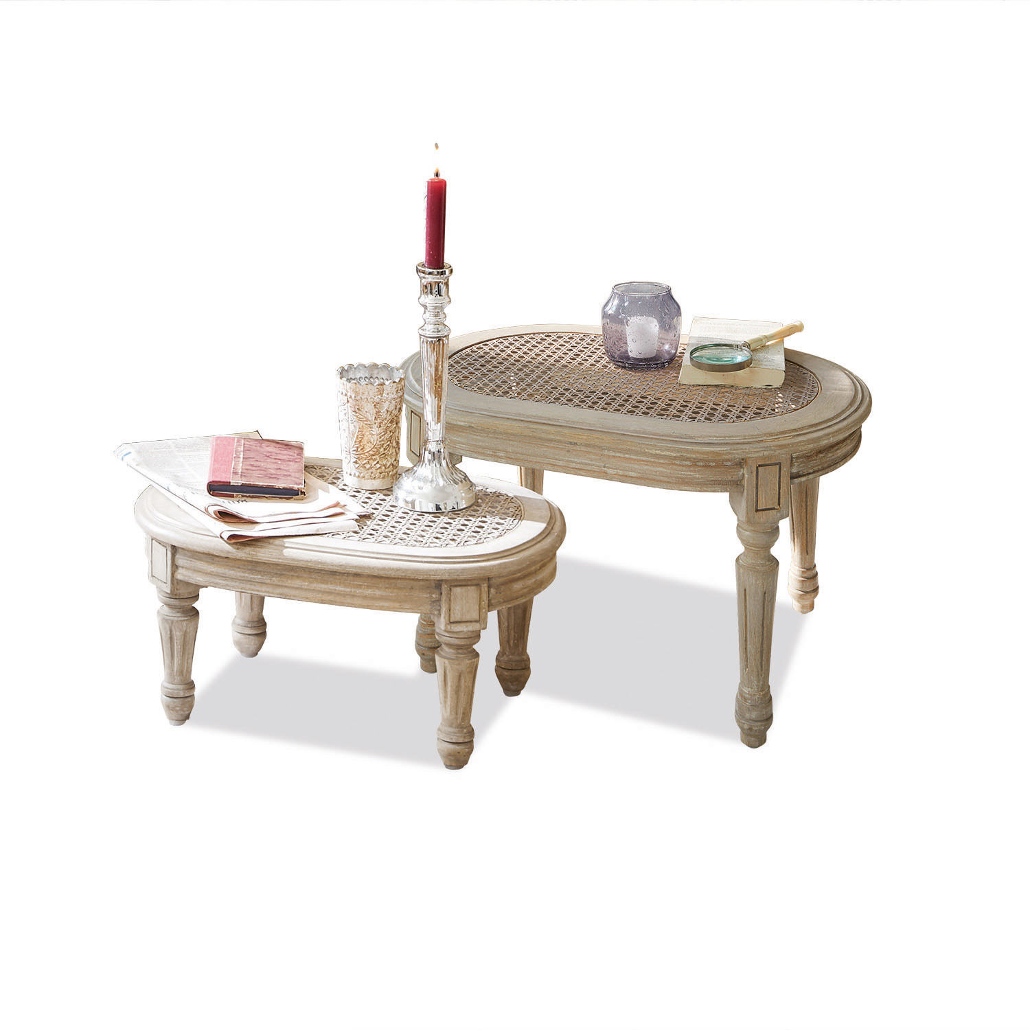 Beistelltisch 2er Set Dronne Zweier-Set helle Holztische mit geflochtener Beigetischplatte im Vintage-Stil
