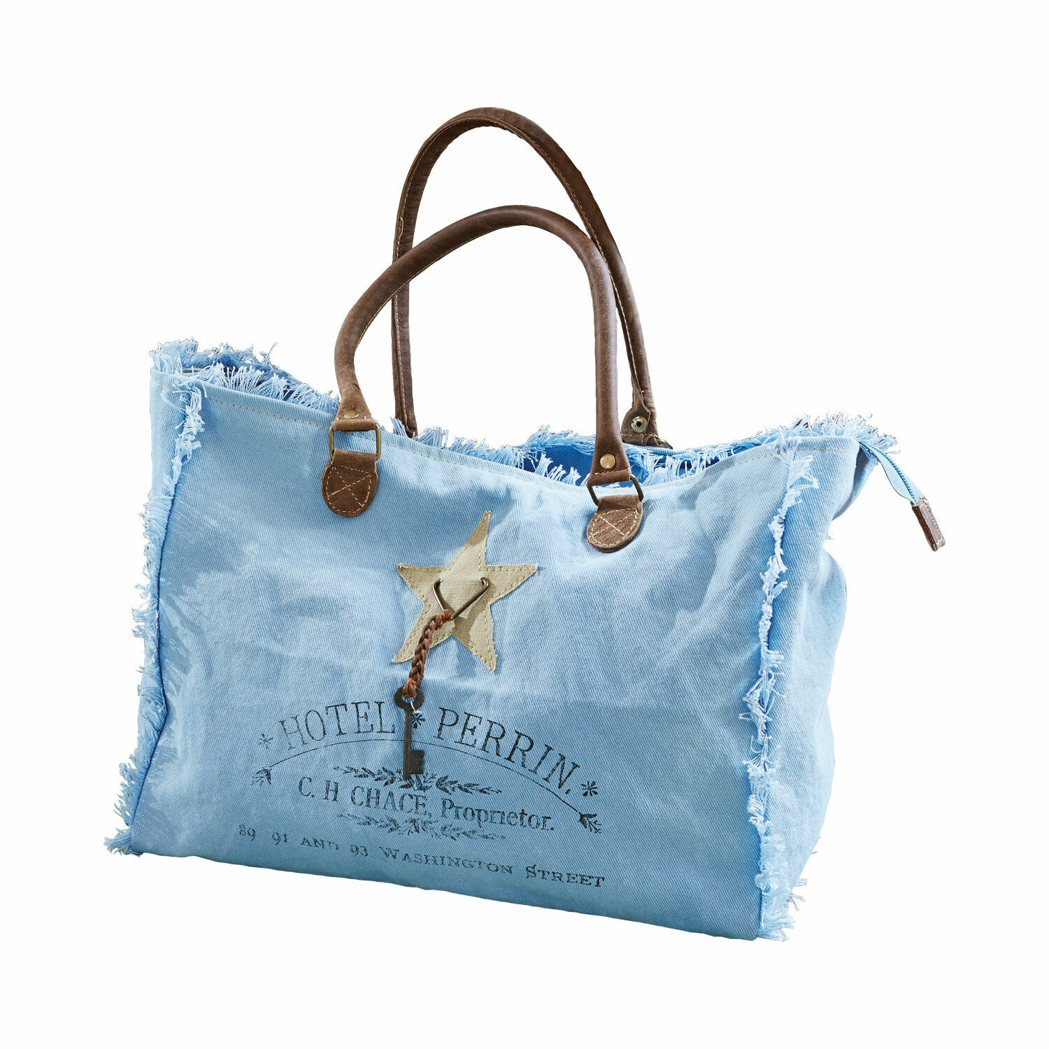blau Elora-Tasche aus blauem Stoff mit braunen Griffen und dekorativem Schlüssel im Vintage-Stil