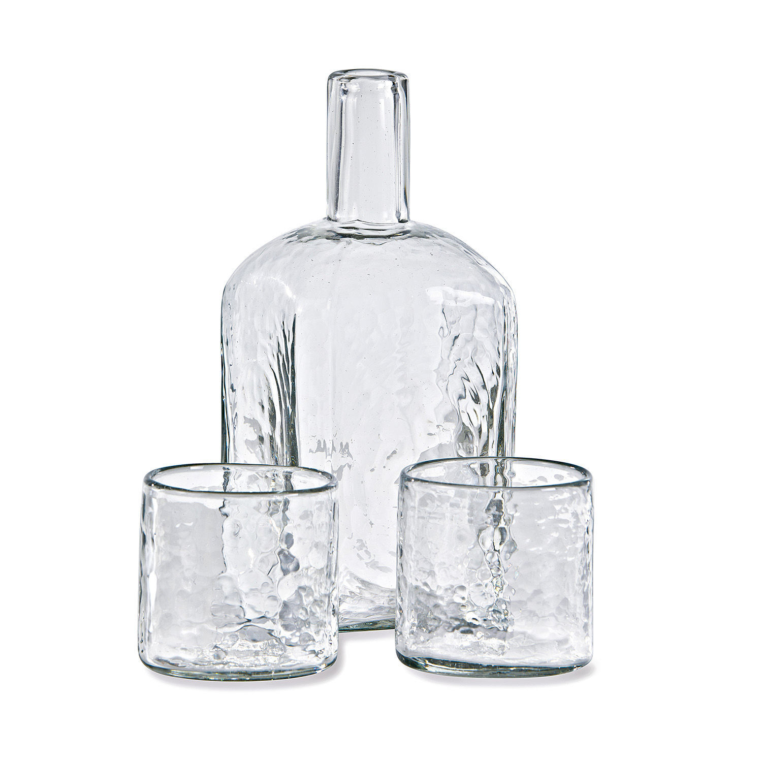 Karaffe 3er Set Merloar Transparentes Glas-Set mit Flasche und zwei Gläsern in gehämmerter Optik