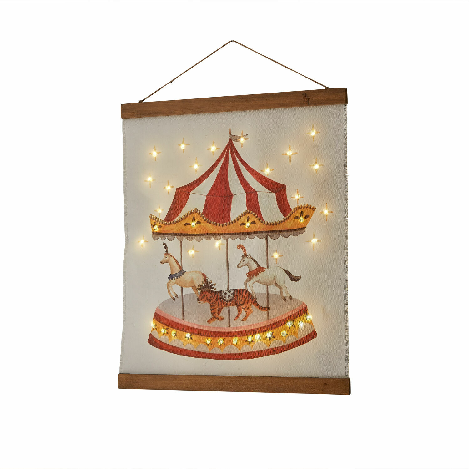 LED-Wandbild Carnaval des Rêves Wanddekoration aus Stoff mit Karussellmotiv und warmen LED-Leuchten für gemütliche Räume.