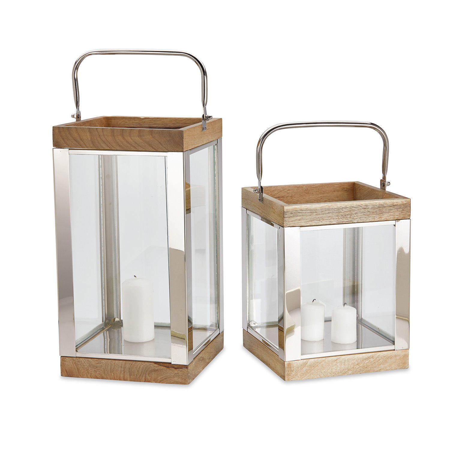 Laterne 2er Set Harpers Set aus zwei Laternen aus Glas und Holz mit Metallgriffen, weissen Kerzen innen