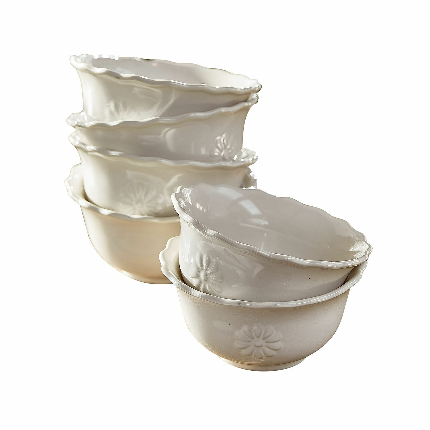 Schüssel 6er Set Mallevesse Set aus cremefarbenen Keramikschalen mit Blumenmuster und welligem Rand für die Küche