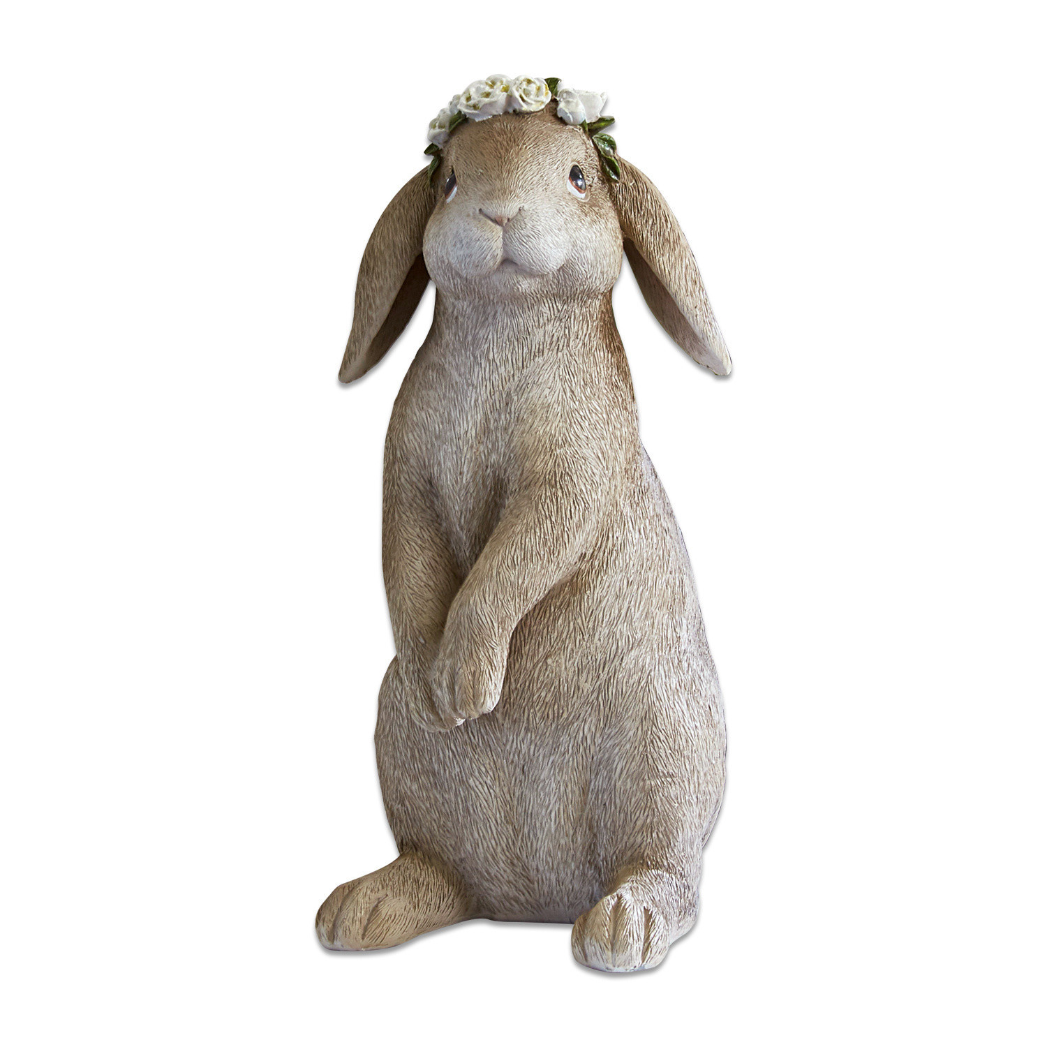 braun Brauner dekorativer Hase aus Material mit Blumenkranz, Frühlings- und Osterdekoration.