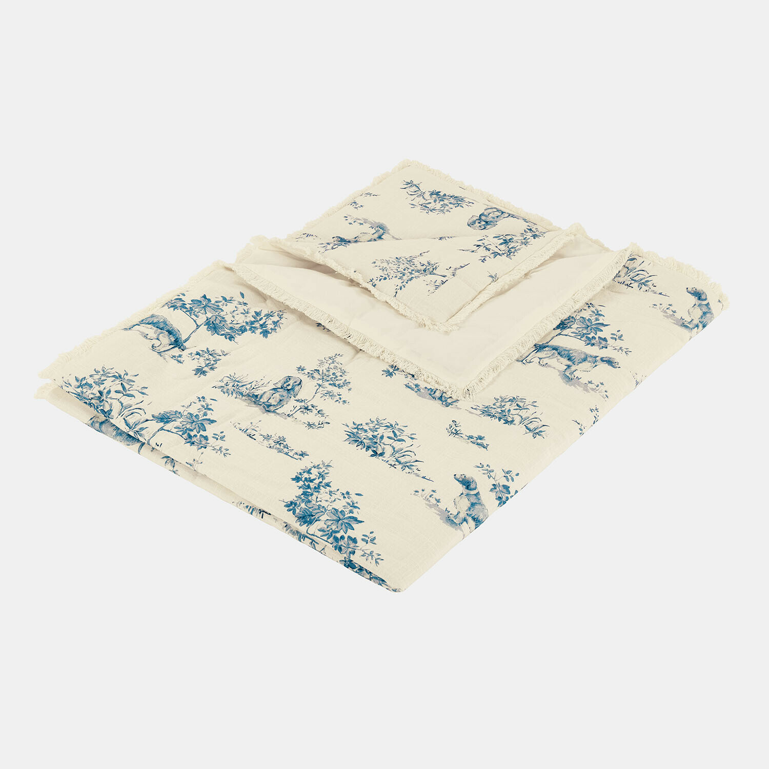 Haustierplaid Ymélorine Cremefarbige Baumwolldecke mit blauem Pflanzen- und Tiermuster, dekorativ und weich
