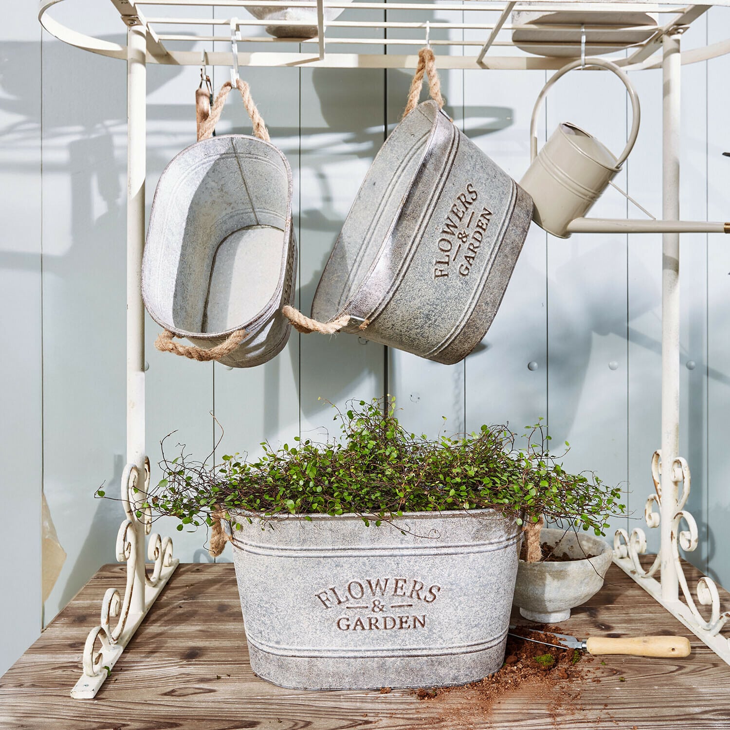 Übertopf 3er Set Merrin Graue Metallpflanzgefäße mit Schriftzug Flowers & Garden, grüne Pflanze und Gartengerät auf Holztisch