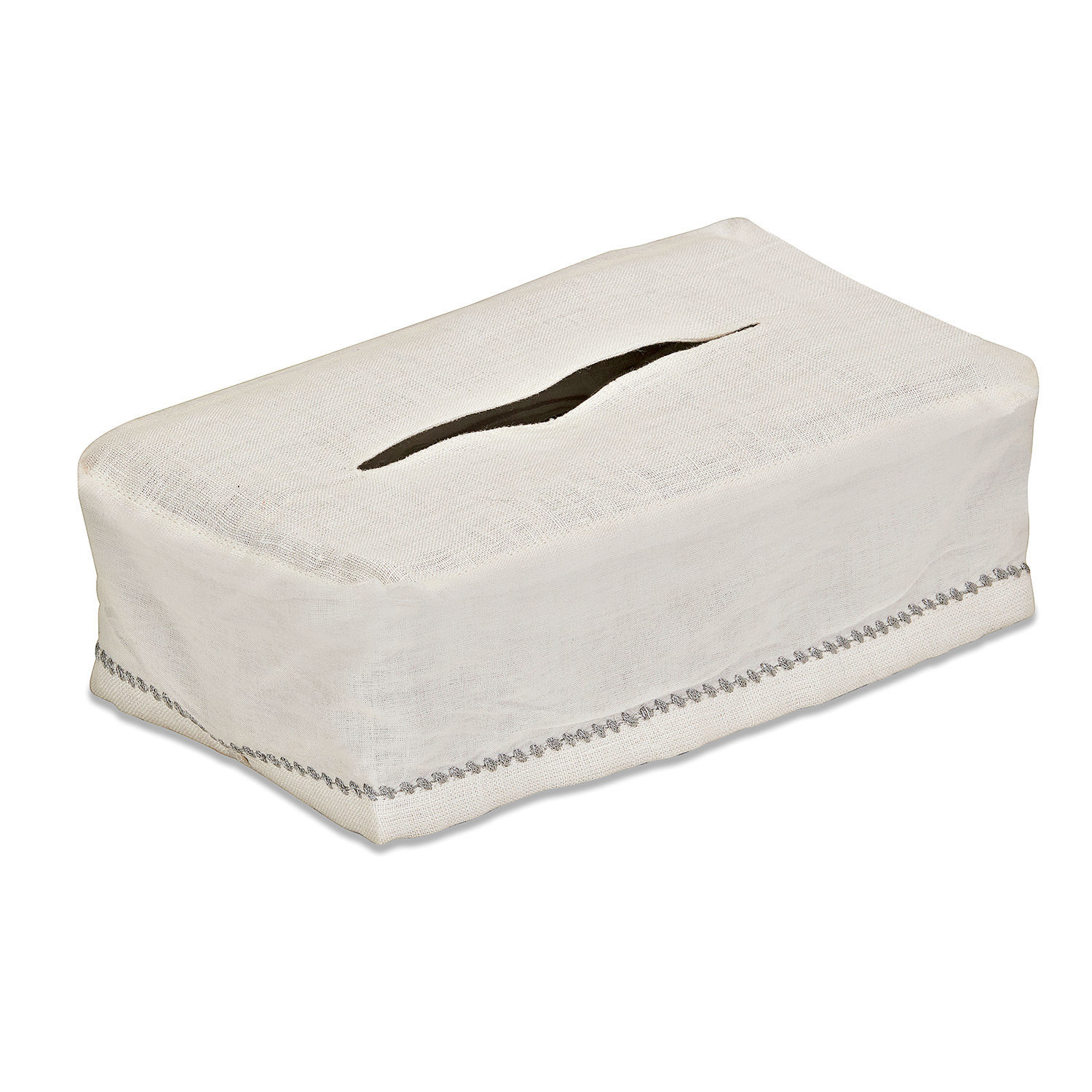 Weisse Baumwollhusse für Taschentücherbox mit grauem Zierband, praktisches Wohnaccessoire