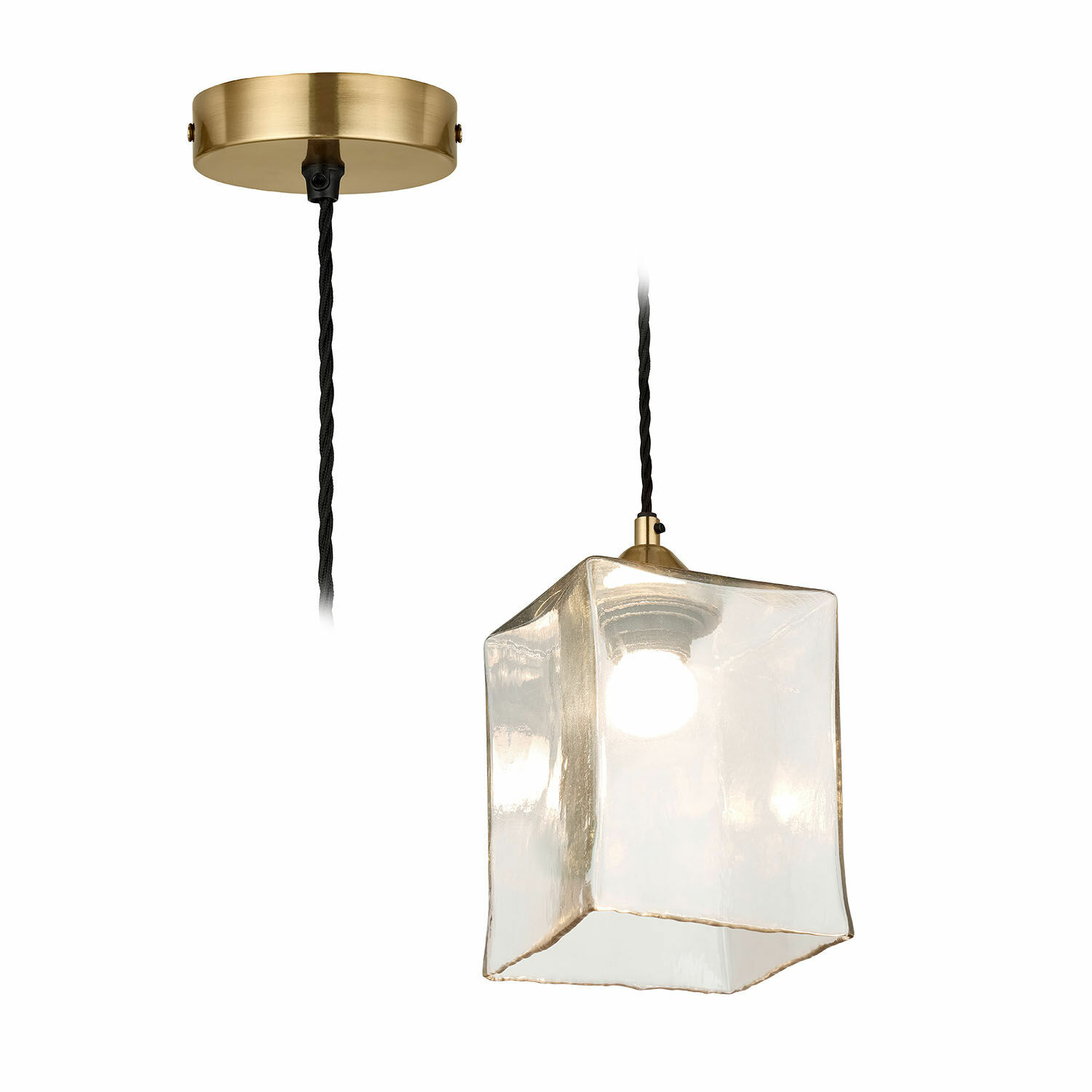 Hängelampe Floravon Hängelampe aus klarem Glas und Messing in Würfelform, modernes Wohnraumlicht.