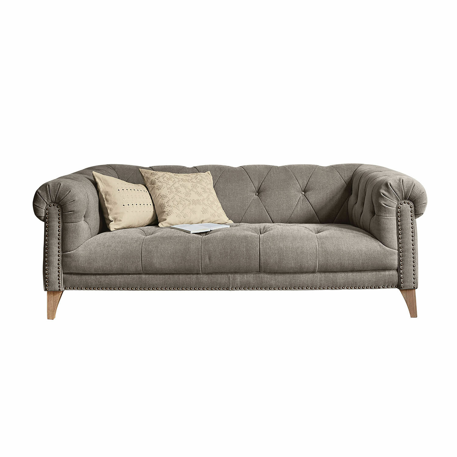 Sofa Sanbornville Grau gepolstertes Sofa mit dekorativen Knöpfen und Holzfüssen, Vintage-Stil für das Wohnzimmer