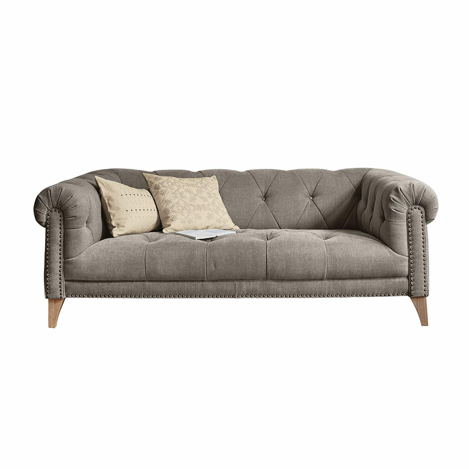 Sofa Sanbornville Grau gepolstertes Sofa mit dekorativen Knöpfen und Holzfüssen, Vintage-Stil für das Wohnzimmer