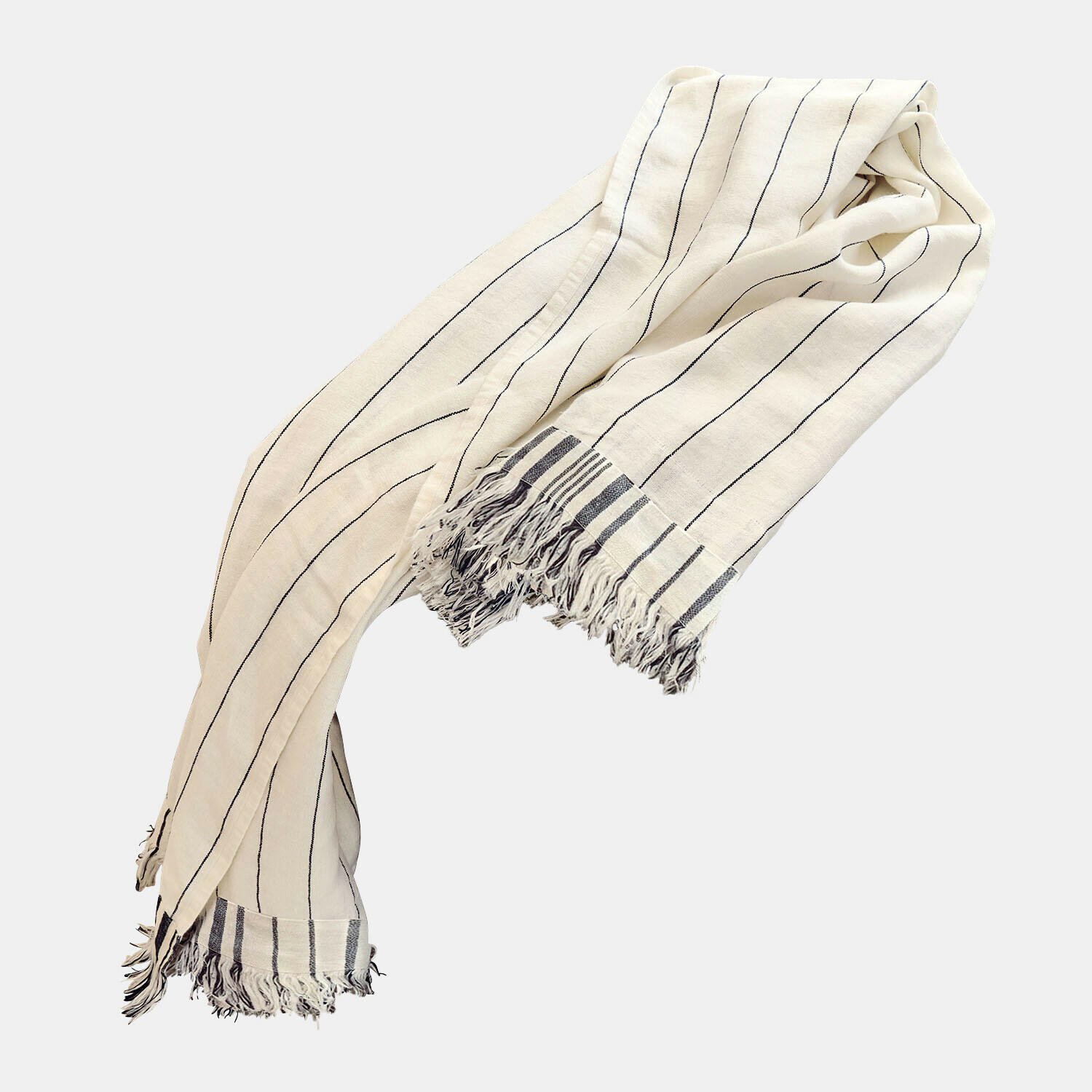 Leichter Baumwollschal in Creme mit schwarzen Streifen und Fransen, modisches Accessoire