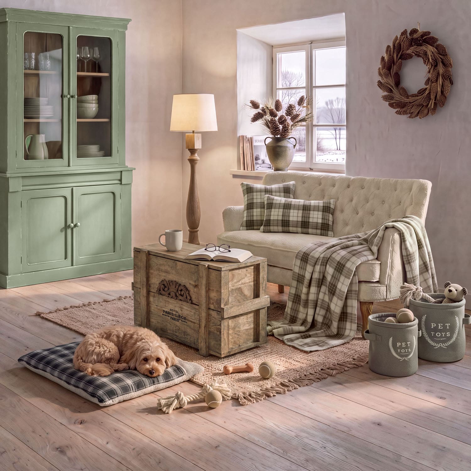 Gemütliches Wohnzimmer mit cremefarbenem Sofa, grünem Holzschrank und rustikalem Holztisch