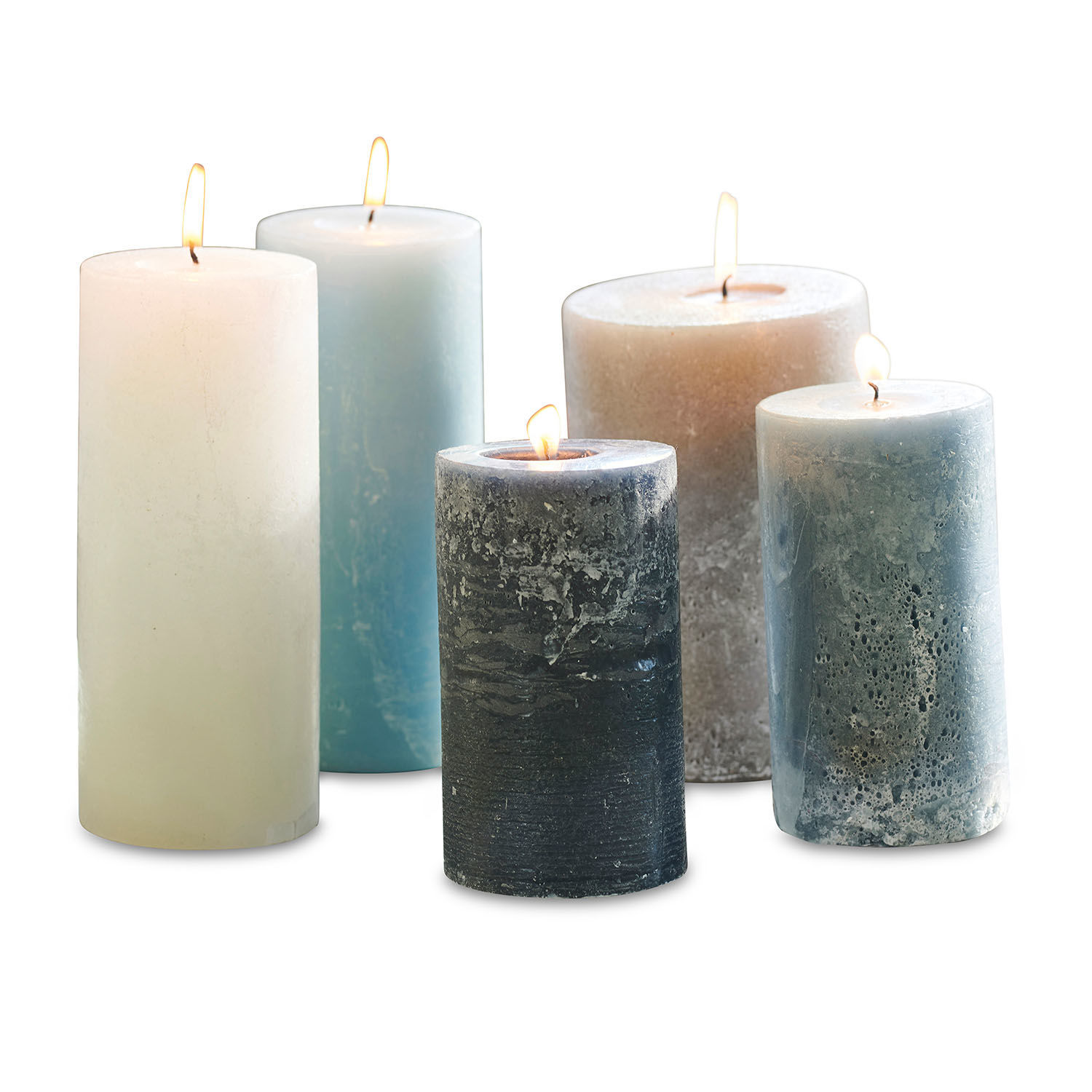blau/grau 5er-Set Panagra-Kerzen aus Wachs in Blau und Grau für stimmungsvolle Wohnraumdekoration