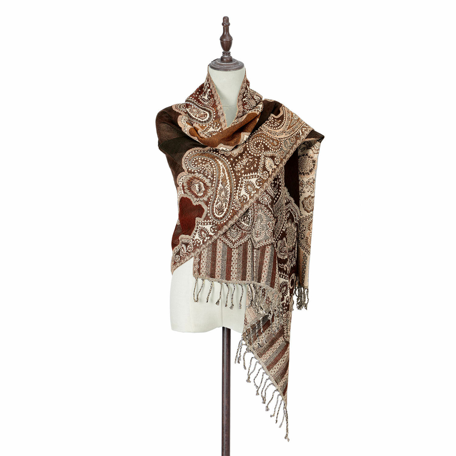 Schal Crédin Brauner Schal mit Paisley-Muster und Fransen, weiches Material, modisches Accessoire für kühle Tage.