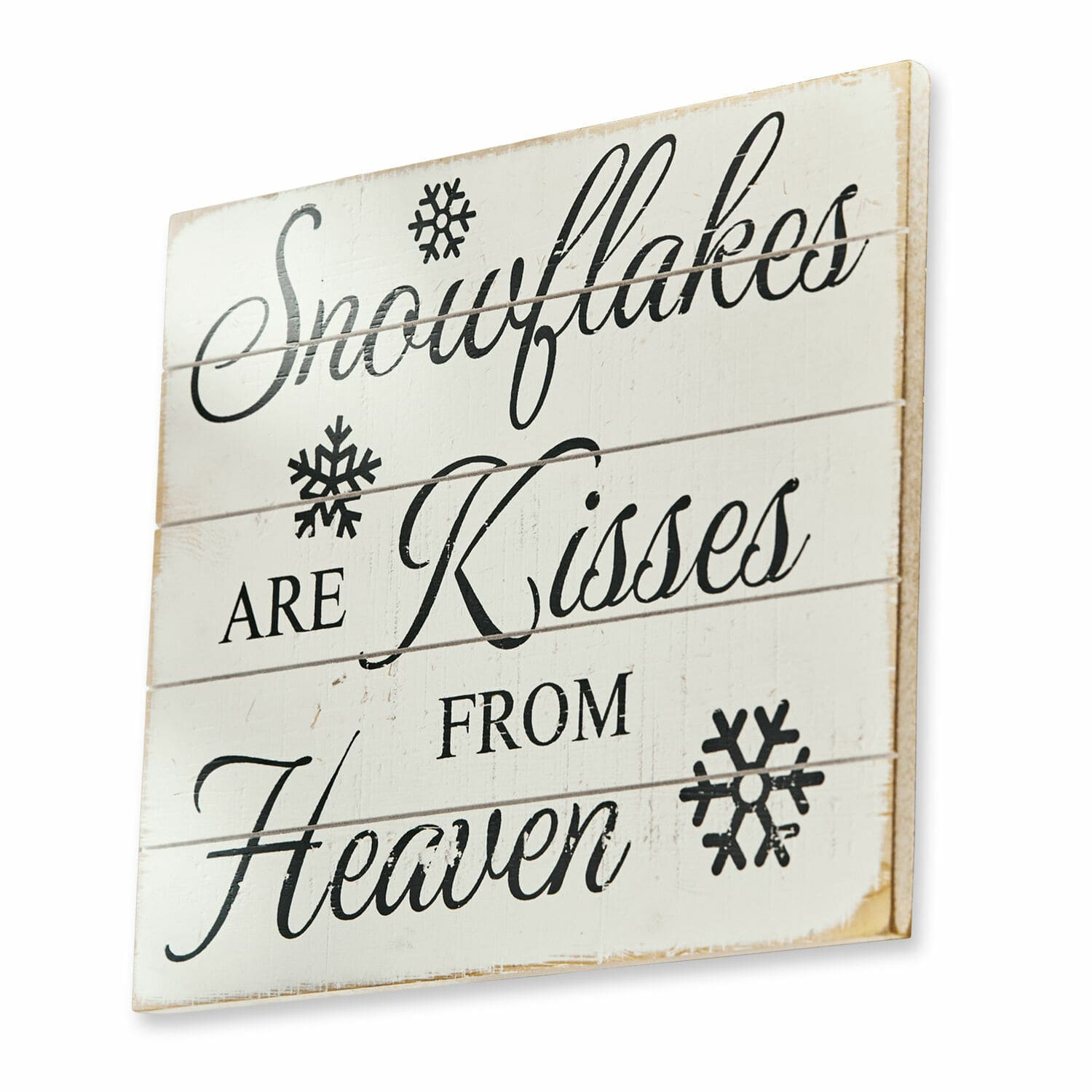 Dekoboard Snowflakes Weisse Holz-Wanddekoration mit Schriftzug über Schneeflocken und winterlichem Motiv