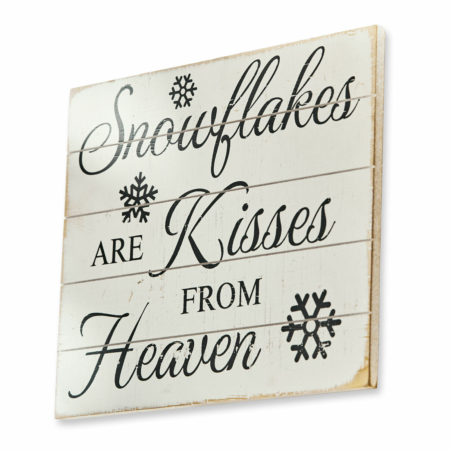 Dekoboard Snowflakes Weisse Holz-Wanddekoration mit Schriftzug über Schneeflocken und winterlichem Motiv