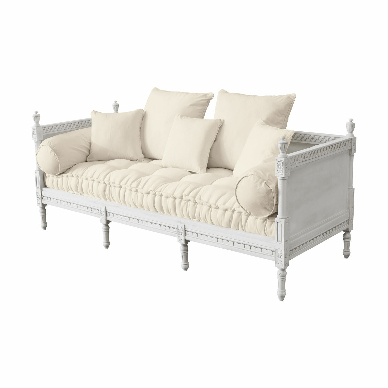 grau/leinen Sofa Douville mit grauem Leinenbezug und weissem Holzrahmen, elegantes Wohnzimmermöbel