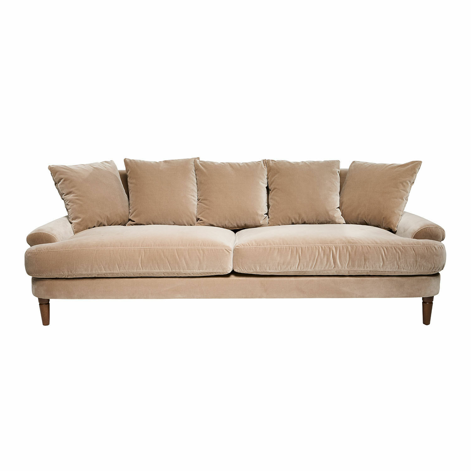 Sofa Rivermere Beiges Sofa aus weichem Stoff mit fünf Kissen und Holzbeinen, komfortables Wohnzimmermöbel.