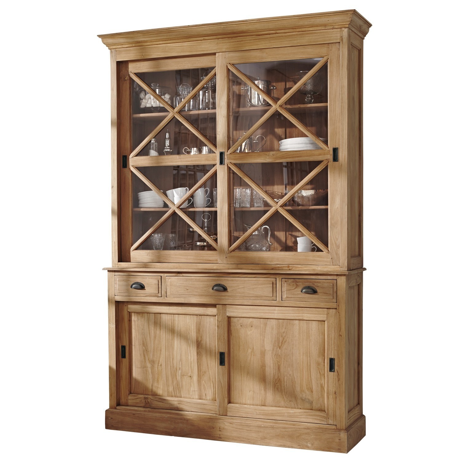 Schrank Kanabec Massive Holzvitrine mit Glastüren und Schubladen in natürlicher Holzfarbe für das Wohnzimmer