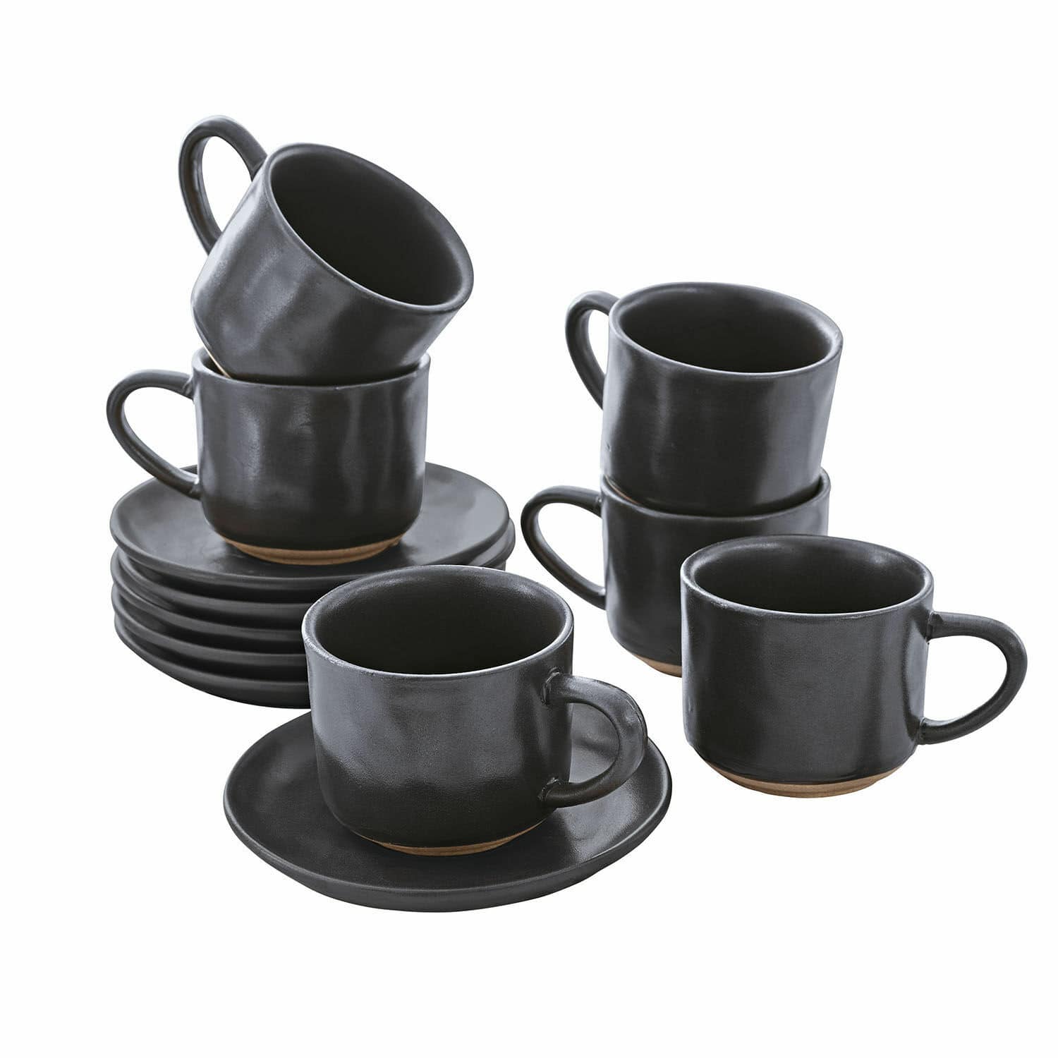 Set aus 6 schwarzen Keramik-Espressotassen mit Untertassen, modernes Design für Kaffee.