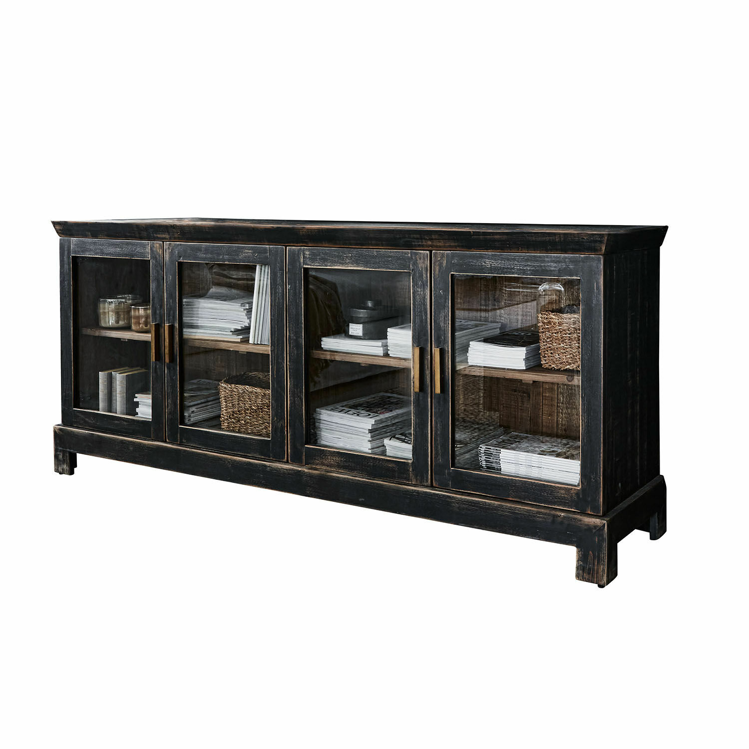 Kommode Nivelles Schwarzer Holzvitrinenschrank mit Glastüren und Messinggriffen im Vintage-Stil