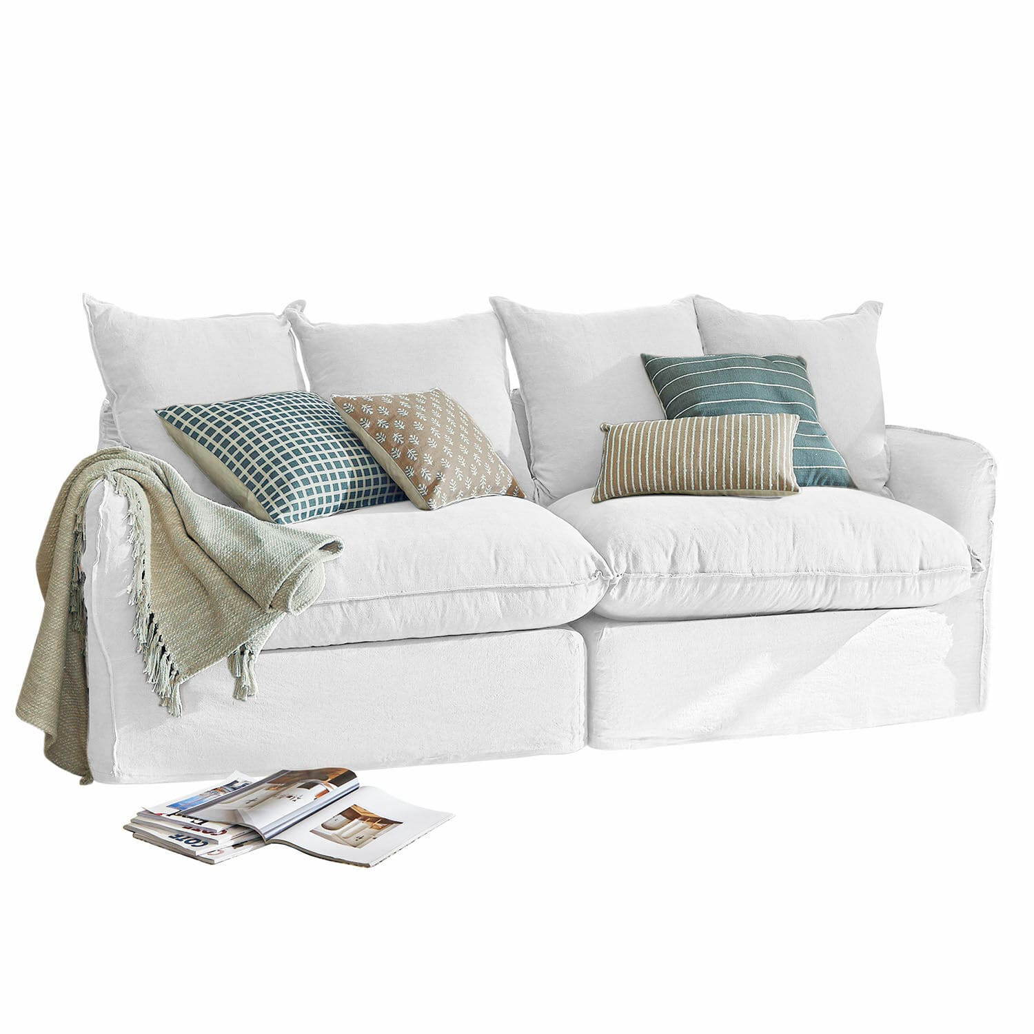 Sofa Dunswater Weisses Stoffsofa mit grünen und beigen gemusterten Kissen und weicher Decke, modernes Wohnzimmer