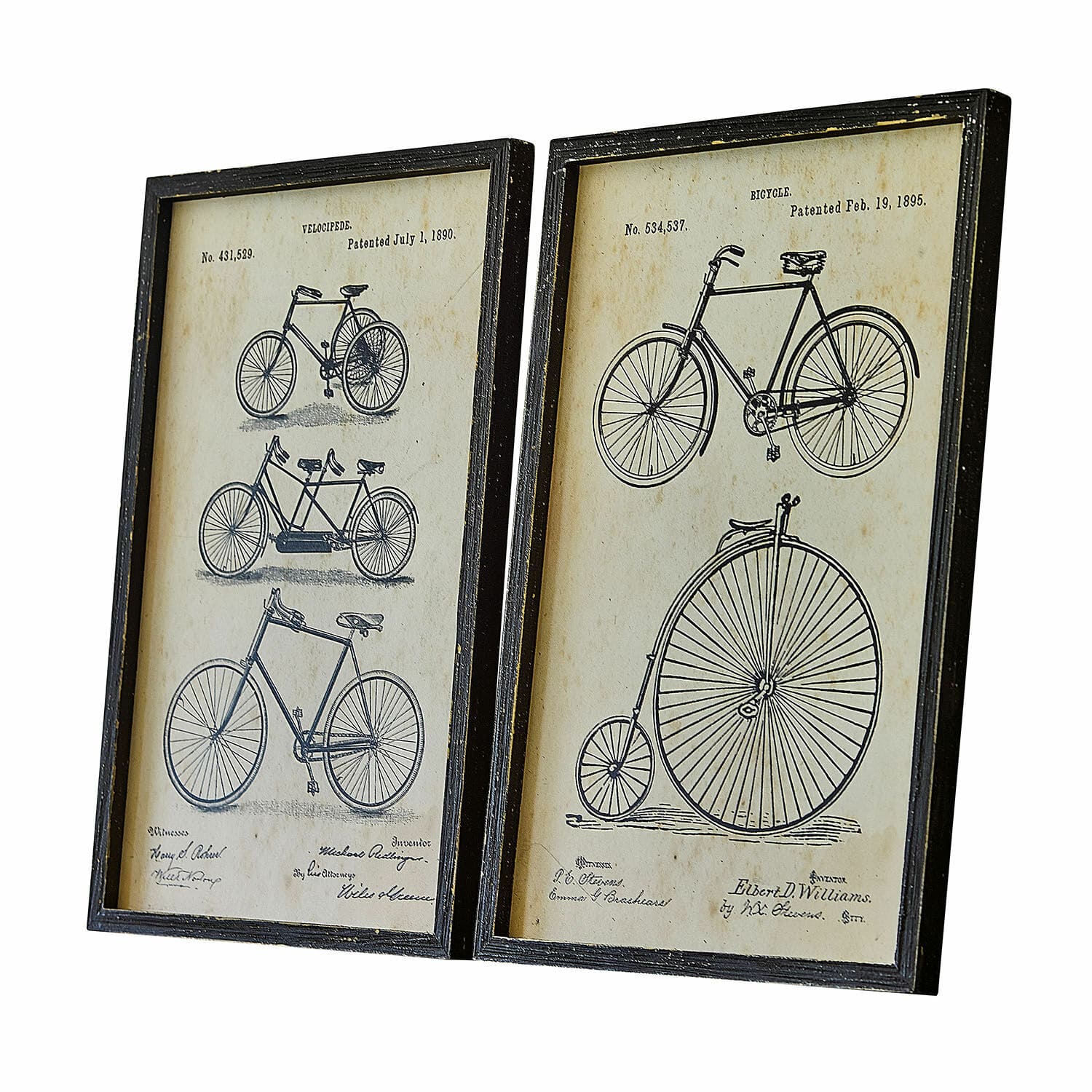 Bild 2er Set Golovine Zwei schwarze Rahmen mit Zeichnungen alter Fahrräder auf beigem Hintergrund, Vintage-Wanddekoration