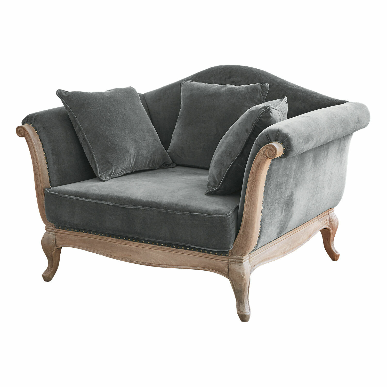 Sessel Sumerset Vintage-Sofa mit grauem Samtbezug und natürlichem Holzrahmen, bequeme Kissen
