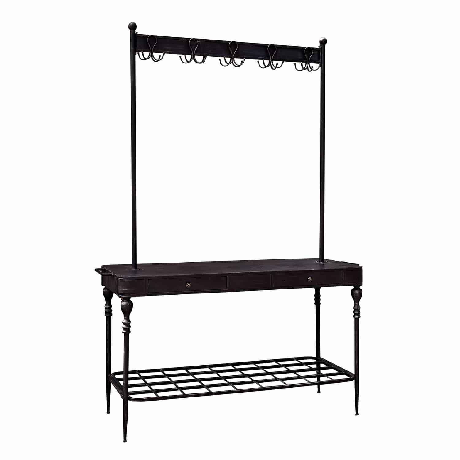 Regal Langmore Schwarzer Metall-Garderobenständer mit Ablage und Haken, praktisches Möbel für Flur und Kleidung