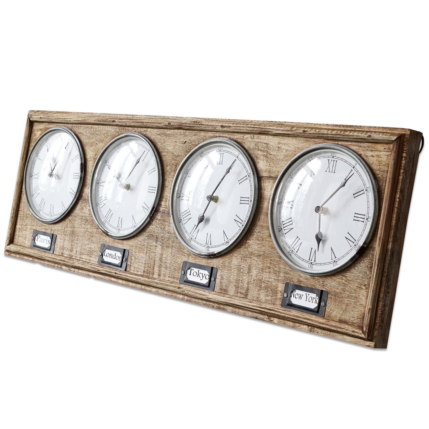 Uhr Posey Wanduhr aus Holz mit vier weissen Zifferblättern und Städtenamen, römische Zahlen