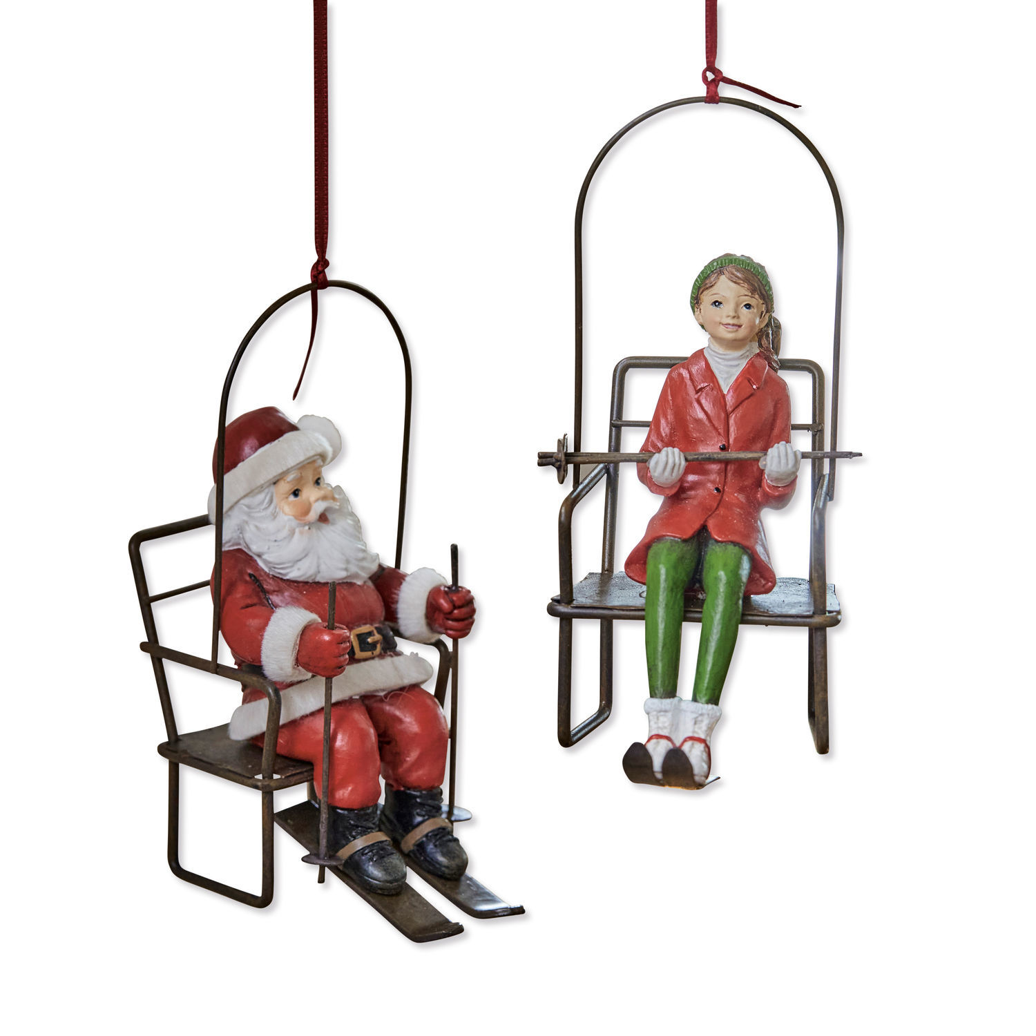 Anhänger 2er Set Ponta Metall-Hängedekorationen mit Figuren von Weihnachtsmann und Mädchen in roter Skibekleidung