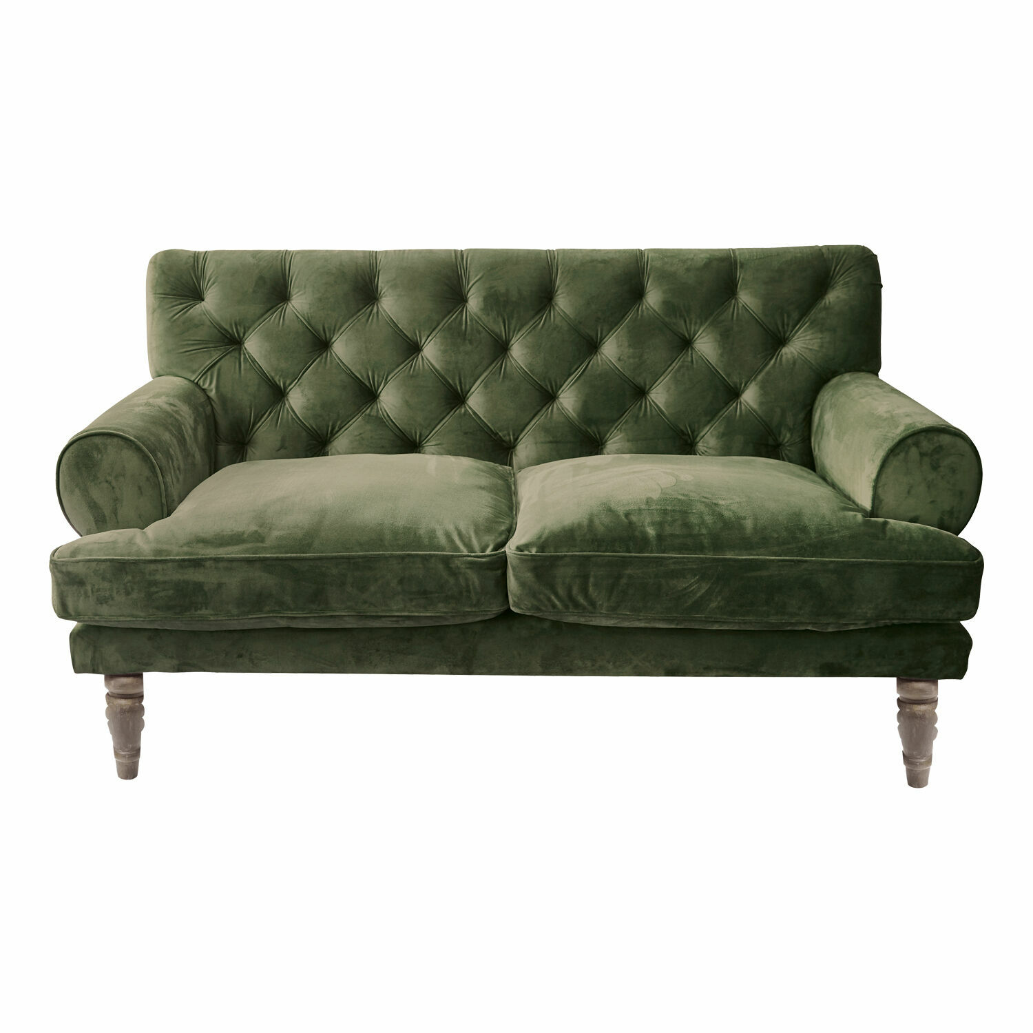 grün Grünes Samtsofa mit gesteppter Rückenlehne und Holzbeinen für ein stilvolles Wohnzimmer
