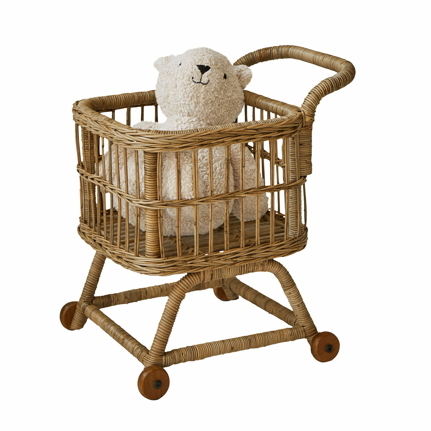 Einkaufswagen Callidia Kinderwagen aus Rattan mit beigem Plüschbär, dekoratives Spielzeug fürs Kinderzimmer