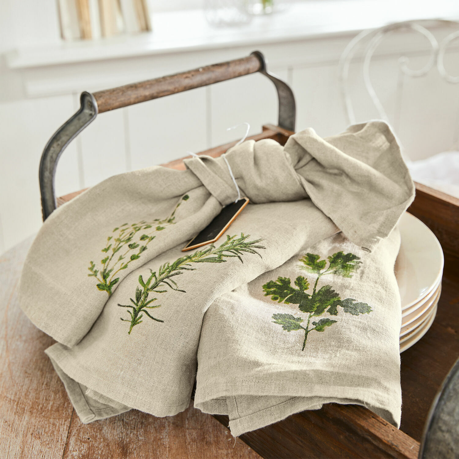 Geschirrtuch 3er Set Herbal Gardens Beige Leinen-Geschirrtücher mit grünen Kräutermotiven für die Küche und Dekoration