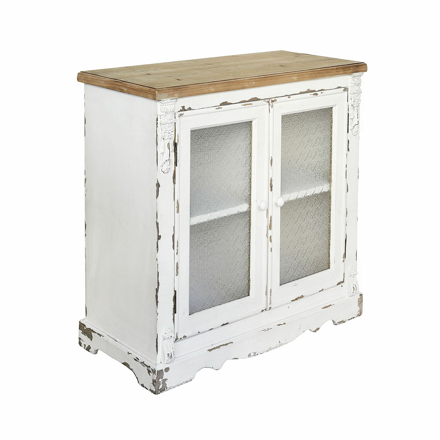 Kommode South Yarmouth Weisse Holzkommode mit Shabby-Chic-Effekt und gemusterten Glastüren, Vintage-Möbel