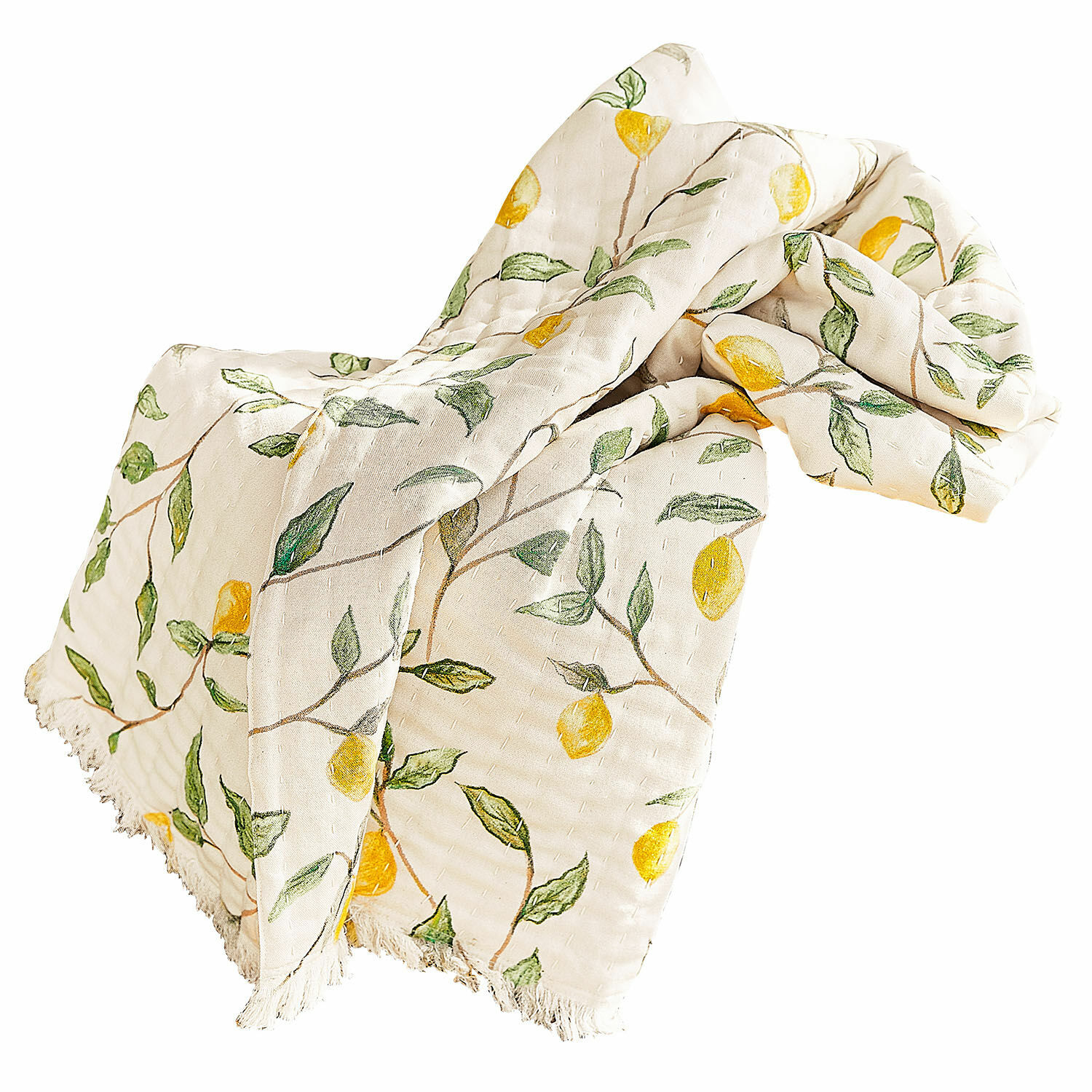 Plaid Palerina Baumwolldecke in Creme mit gelben Zitronen und grünen Blättern, Fransen am Rand