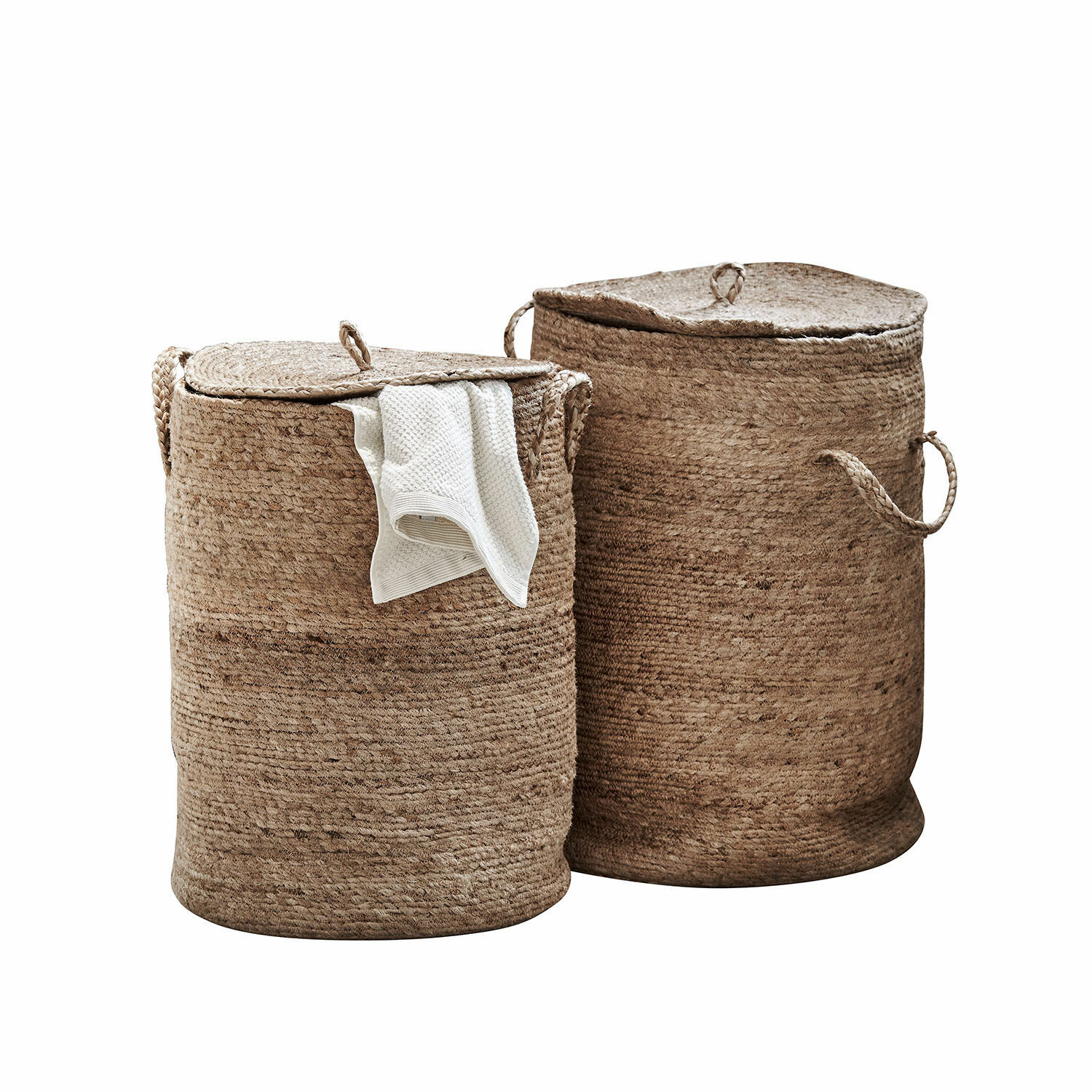 Wäschekorb 2er Set Kory Set aus zwei runden Wäschekörben aus brauner Natur-Jute mit Deckeln zur Aufbewahrung