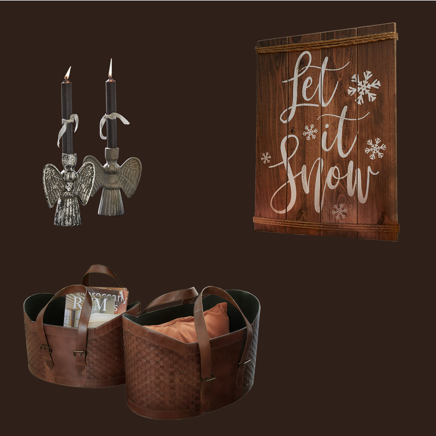 Weihnachtsdekoration mit Metall-Engelkerzenhaltern, Holzschild Let it Snow und braunen Lederkörben