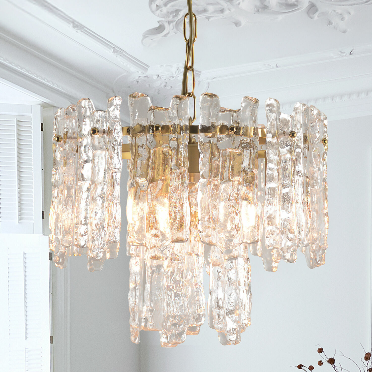 Hängelampe Lanziano Hängeleuchte aus klarem Glas und goldenem Metall, modernes Design fürs Wohnzimmer